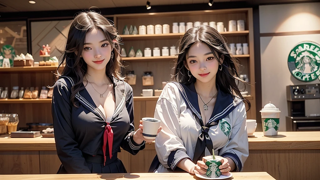 8K、RAW Photos、Highest quality、Super detailed、Super Resolution、Ultra HD、8K壁紙、Amazing details
(((Inside the Starbucks store、16 year old high school girl in sailor suit)))、Eat cake、Drink coffee、smile、Heart Necklace((Emphasize cleavage))
(Full body photo)