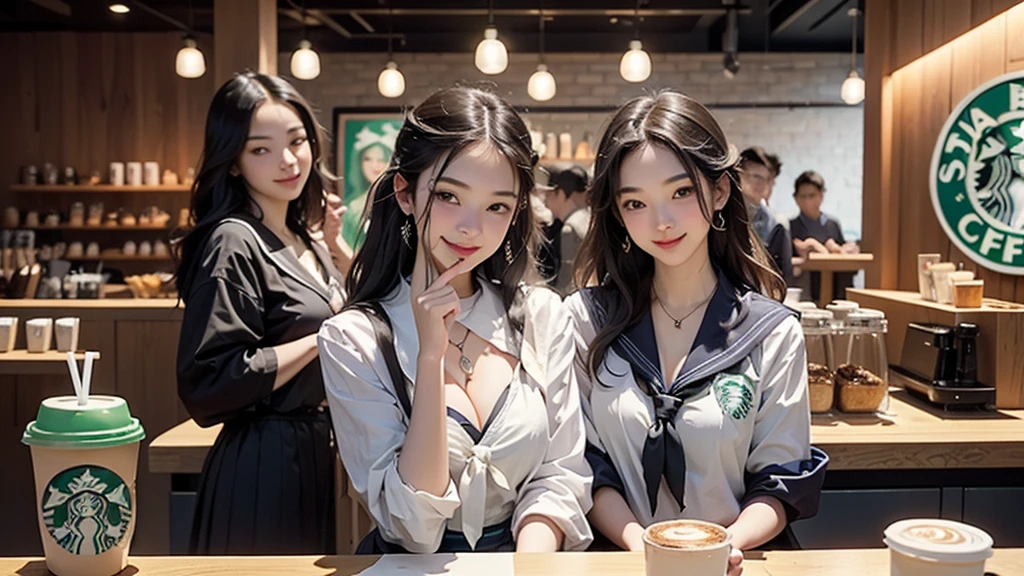 8K、RAW Photos、Highest quality、Super detailed、Super Resolution、Ultra HD、8K壁紙、Amazing details
(((Inside the Starbucks store、16 year old high school girl in sailor suit)))、Eat cake、Drink coffee、smile、Heart Necklace((Emphasize cleavage))
(Full body photo)
