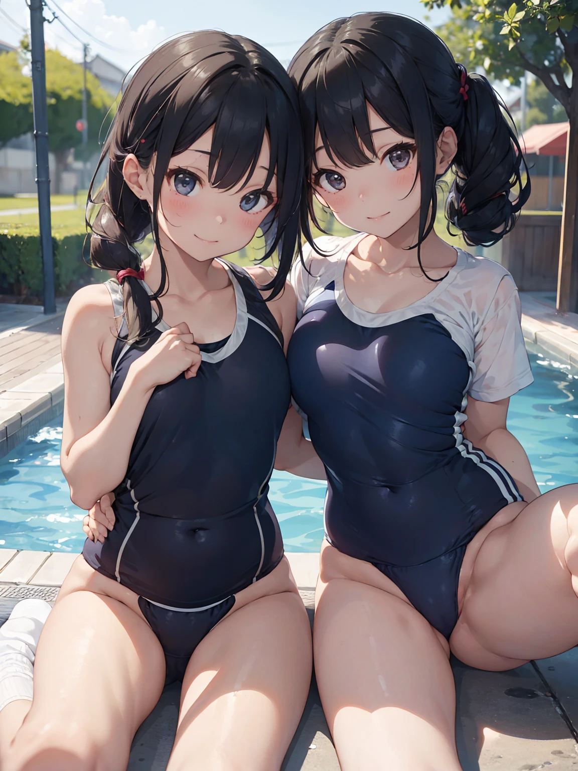 Best image quality, 8K, high quality, masterpiece:1.2), ((masterpiece)), (High detail, high quality, Best image quality), Bokeh, Depth of written boundary, Portraiture, Open Stance, (Cute illustrations:1.2), (Small breasts), In the poolside, a sunny day, whole body, Sitting, Beautiful light, (Two girls with different hair colors and hairstyles:1.3), (Dark Navy School Swimsuit,), Cute face girl, sexy, smile, Underarm, Bun hairstyle, 