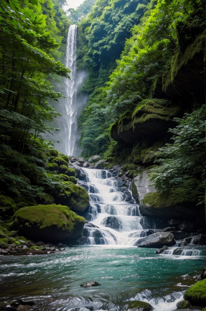 You are traveling in a forest reserve. Suddenly in front of you appears a very beautiful sight. There is a view of a very high waterfall and the torrent of water is flowing from a steep peak. On the left and right of the waterfall, there are large stones that are stacked. The area is surrounded by lush green trees
Describe the situation with an emphasis on shape, texture and space