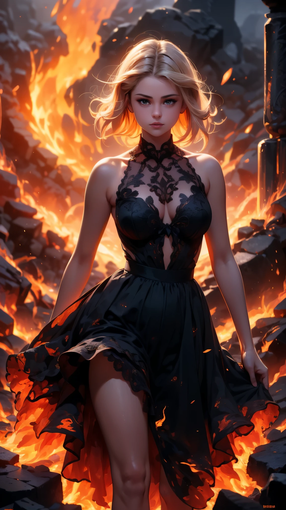 (La Best Quality,A high resolution,Ultra - detailed,current),Selena Gomez in a dress made of lava magma, (cabello elemento fuego:1.4 ) , (fire magma dress :1.4), ,(Ruined dungeon ruins background:1.4 ), More detailed 8K.unreal engine:1.4,uhd,La Best Quality:1.4, photorealistic:1.4, skin texture:1.4, Masterpiece:1.8,first work, Best Quality,object object], (detailed face features:1.3),(The correct proportions),(Beautiful blue eyes),  (dynamic cowboy pose), (Selena Gomez :1.4), (perfect anatomy :1.4),( cinematic lighting :1.4), (face detailed Selena Gomez :1.4), (magma alas grandes :1.4),( magma lingerie lace style :1.4), (skirt lifted by itself: 1.1), (skirt lift: 1.3), (showing white panties: 1.3), (fire element:1.4),(It consists of a fire element, (rodeado de magma lava:1.4), (vestido de magma V2.1), (piedras grandes magma negro :1.4), (including wisps of flames:1.4) , glowing hot embers, (subtle curls of smoke:1.4) , and a beautiful fire druid. (The druid stands in the midst of a raging inferno with an interesting composition:1.4) .(lava :1.4), (essence of fire:1.4) , painting of a firery demon elemetal