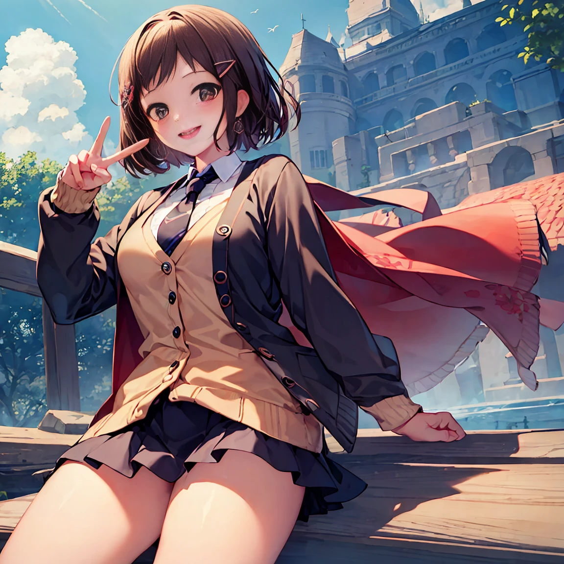 Smile,best Smile,double Peace,cardigan,miniskirt,masterpiece,best quality,ultra detailed,high resolution,extremely detailed CG, (perfect hand),