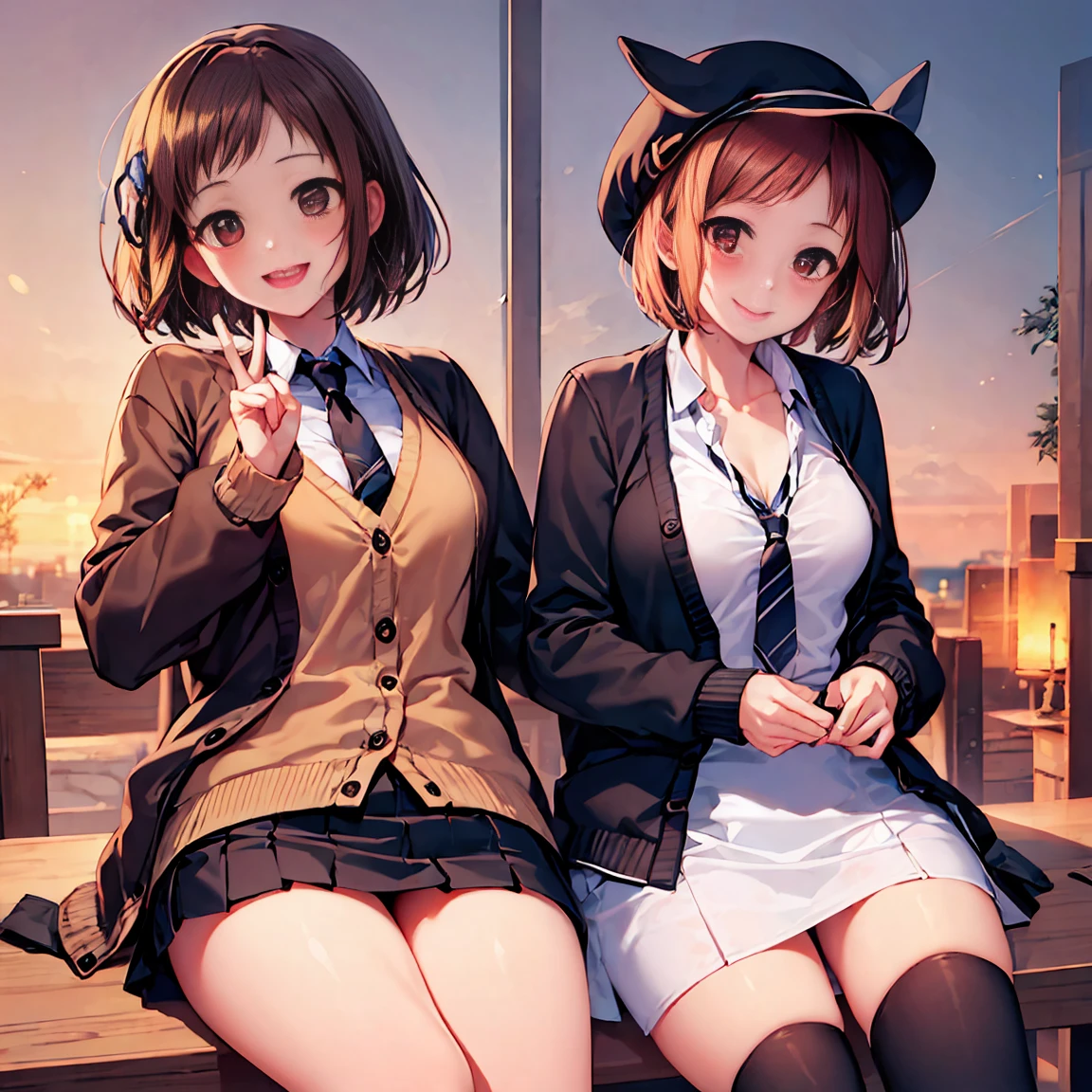 Smile,best Smile,double Peace,cardigan,miniskirt,masterpiece,best quality,ultra detailed,high resolution,extremely detailed CG, (perfect hand),