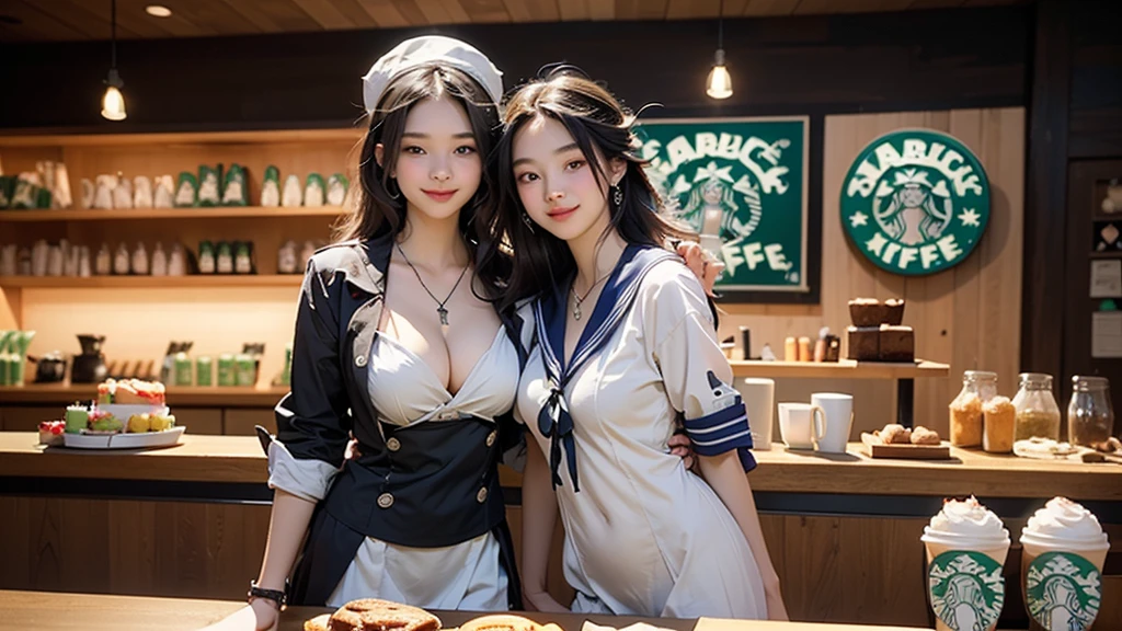 8K、RAW Photos、Highest quality、Super detailed、Super Resolution、Ultra HD、8K壁紙、Amazing details
(((Inside the Starbucks store、16 year old high school girl in sailor suit)))、Eat cake、Drink coffee、smile、Heart Necklace((Emphasize cleavage))
(Full body photo)
