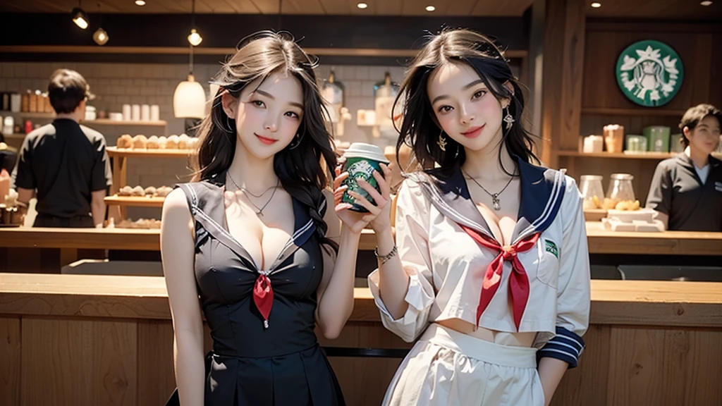 8K、RAW Photos、Highest quality、Super detailed、Super Resolution、Ultra HD、8K壁紙、Amazing details
(((Inside the Starbucks store、16 year old high school girl in sailor suit)))、Eat cake、Drink coffee、smile、Heart Necklace((Emphasize cleavage))
(Full body photo)