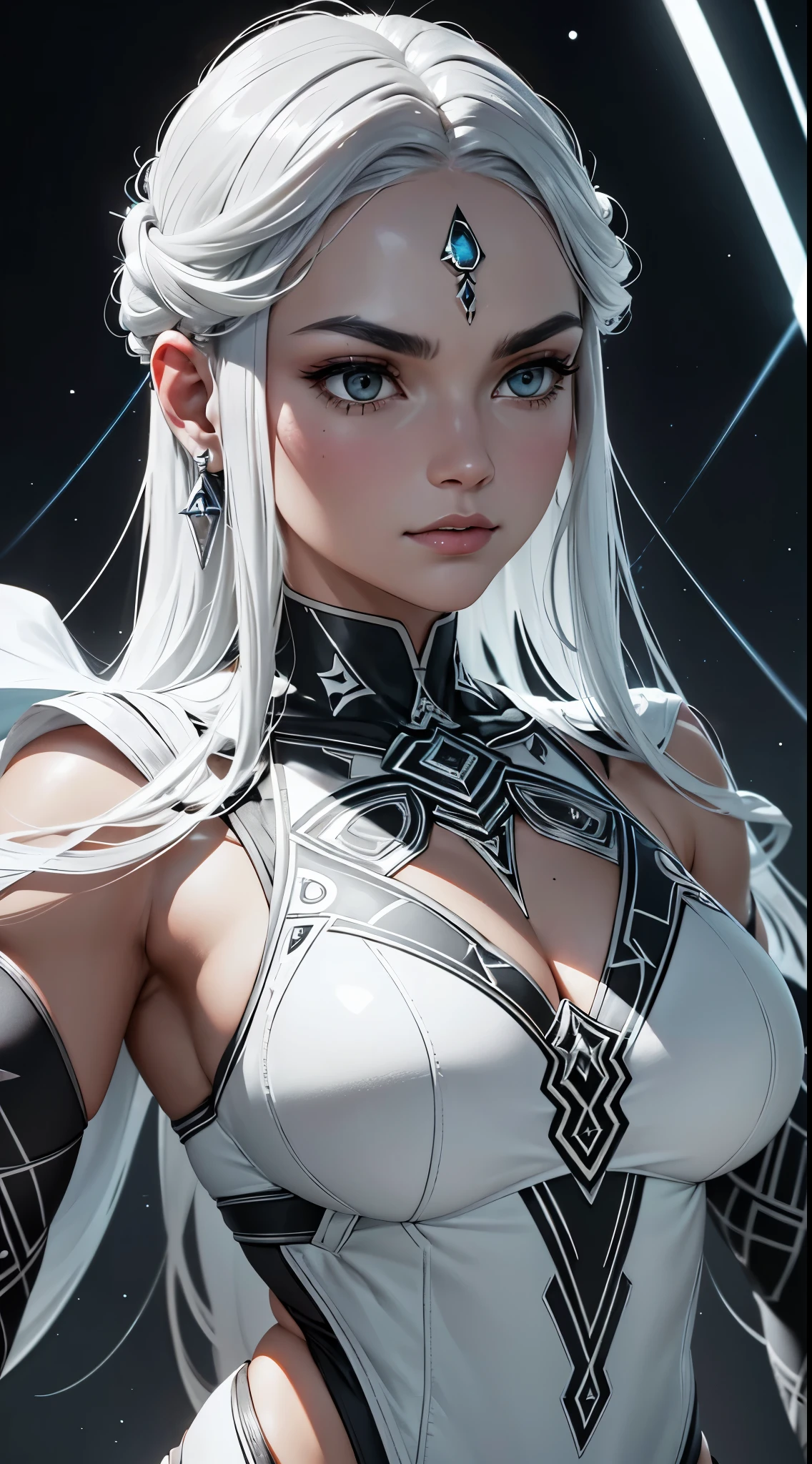 Costume color: stoned black, conveying solidity and strength.silver details: Understated bright silver accents on armor edges and contours, providing an elegant contrast.White Color Energy: Strategic points emit soft white energy, like luminescent lines in the silver details.Cosmic Symbols and Patterns: Discreet cosmic symbols and patterns, representing the Vectrianians' connection to the universe, elegantly present on the surface of the armor.