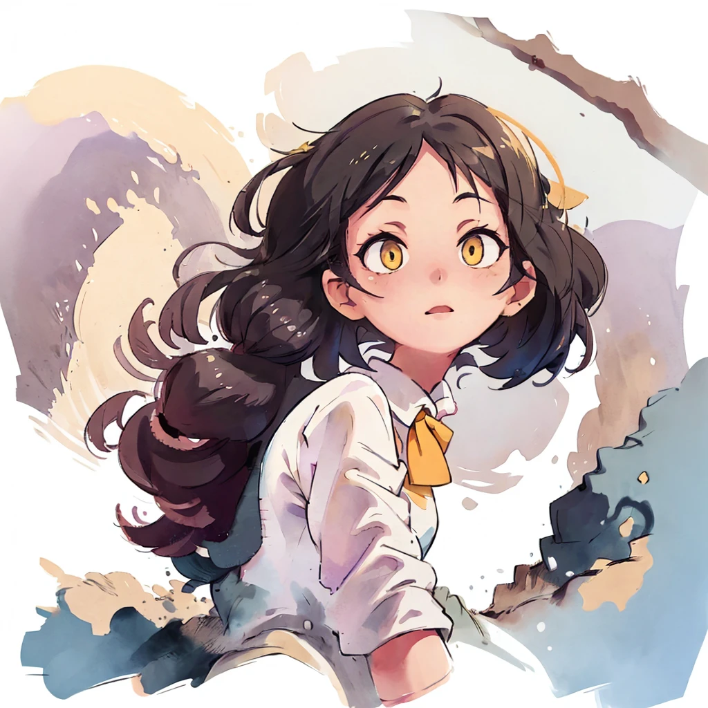 ((best quality, masterpiece)),
1girl, black messy hair, white on background, yellow eyes,