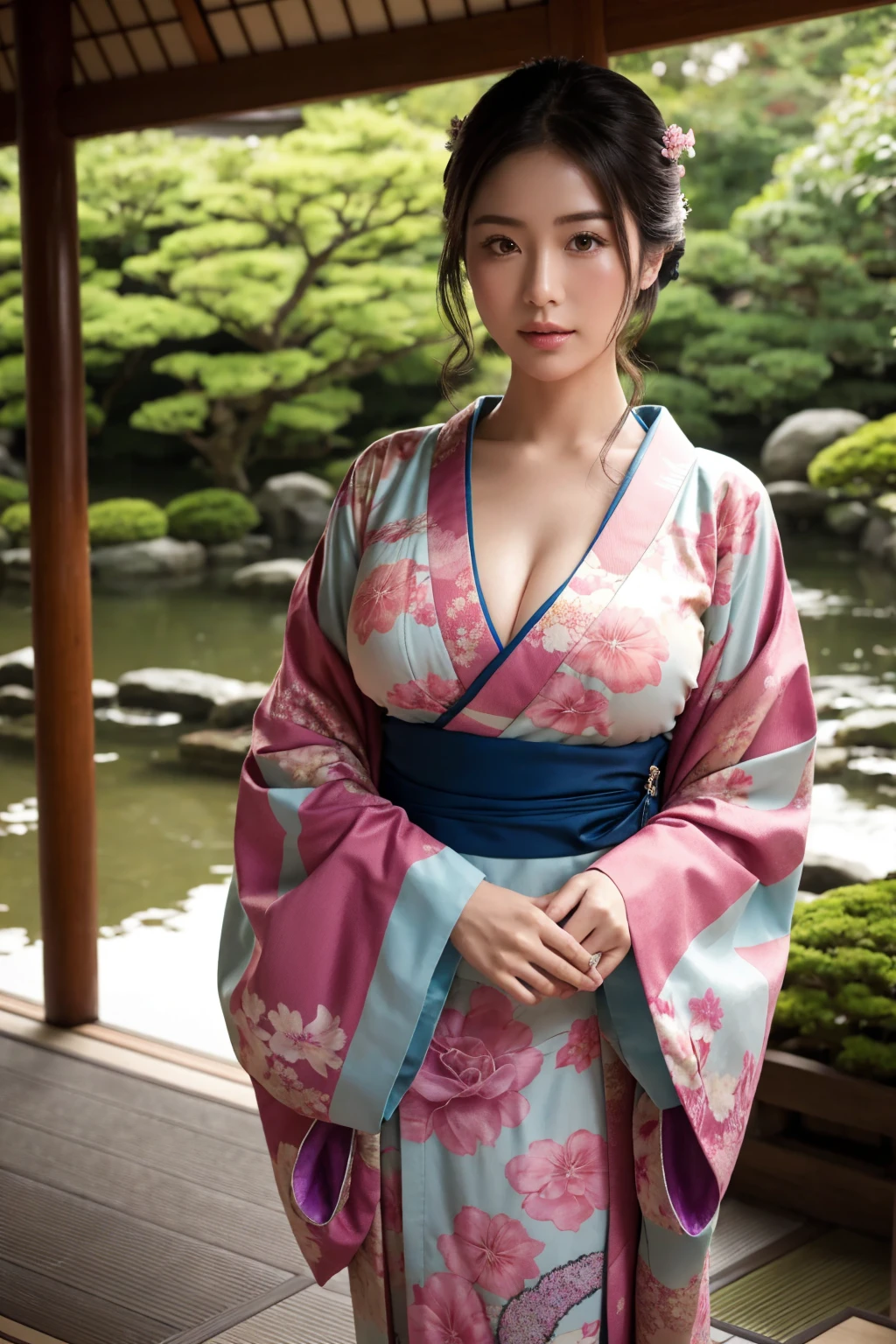 standing in a Japanese garden、Beautiful woman、Very large breasts、(looking at viewer)、nature、kimono、Japanese clothing、Details of the skin、real、Dim lighting、mysterious、A scene from a movie