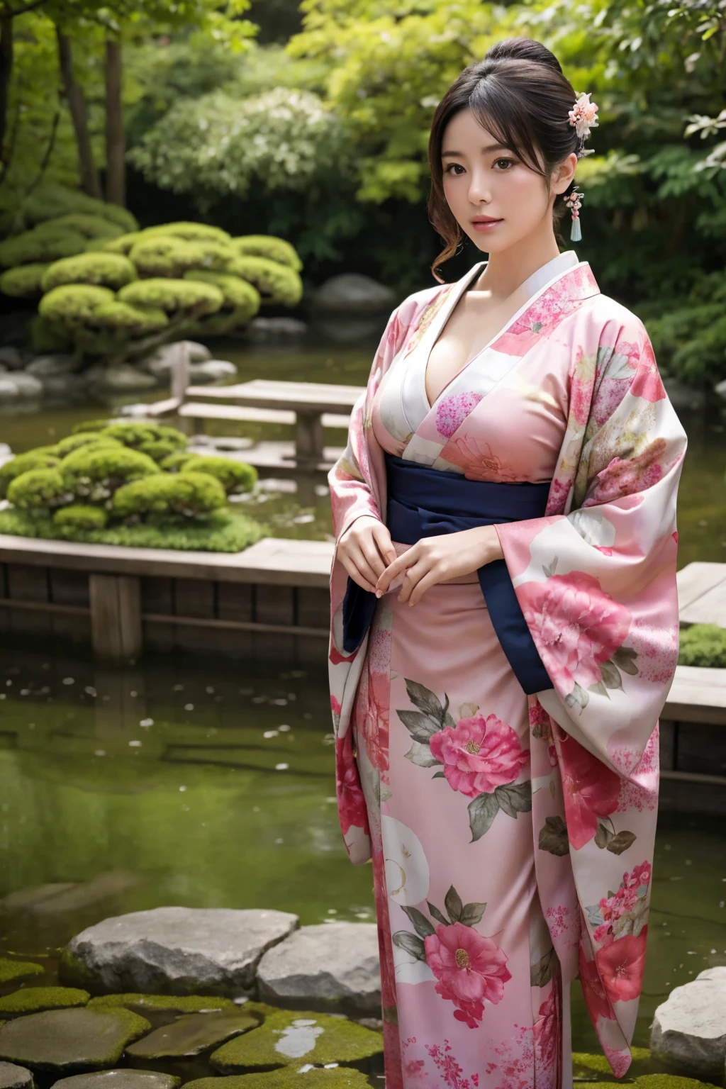 standing in a Japanese garden、Beautiful woman、Very large breasts、(looking at viewer)、nature、kimono、Japanese clothing、Details of the skin、real、Dim lighting、mysterious、A scene from a movie