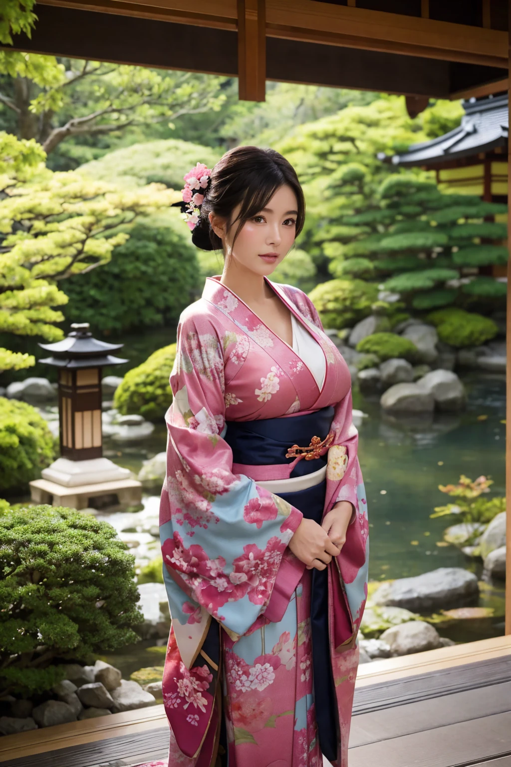 standing in a Japanese garden、Beautiful woman、Very large breasts、(looking at viewer)、nature、kimono、Japanese clothing、Details of the skin、real、Dim lighting、mysterious、A scene from a movie