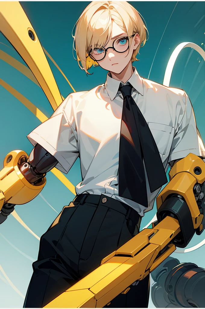 boy, blond, bob hairstyle, turquoise eyes, White shirt, black trousers, round glasses with yellow lenses, black anatomically correct mechanical arm implants