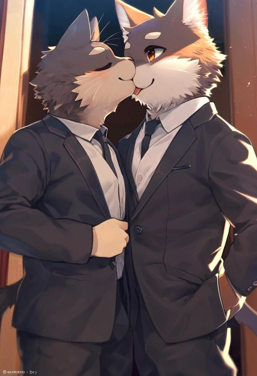 front page, high resolution, Superior quality, Best Quality, paid reward available, incomparable masterpiece, perfect work of art, absurdities, High quality illustrations, súper high resolution, detailed background, perfect anatomy(handsome 1boy, kemono, Suits, hairy den, hairy body, dog facial features, dog body characteristics)(handsome 1boy, kemono, Suits, hairy den, hairy body, cat facial features, cat body features)standing, bird kiss, Hugs, SMILE, happy, cinematic lighting,