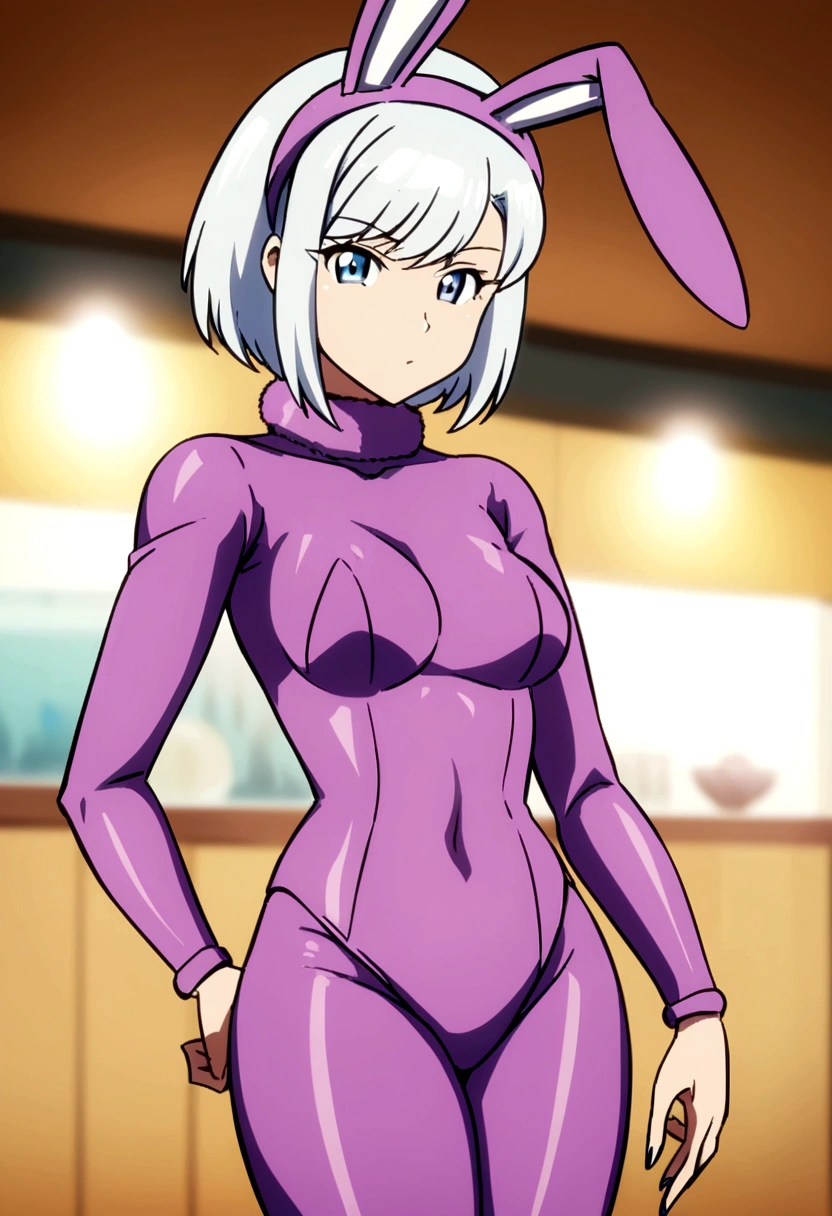 anime style , blur filter, a woman, female face, in a bunny suit