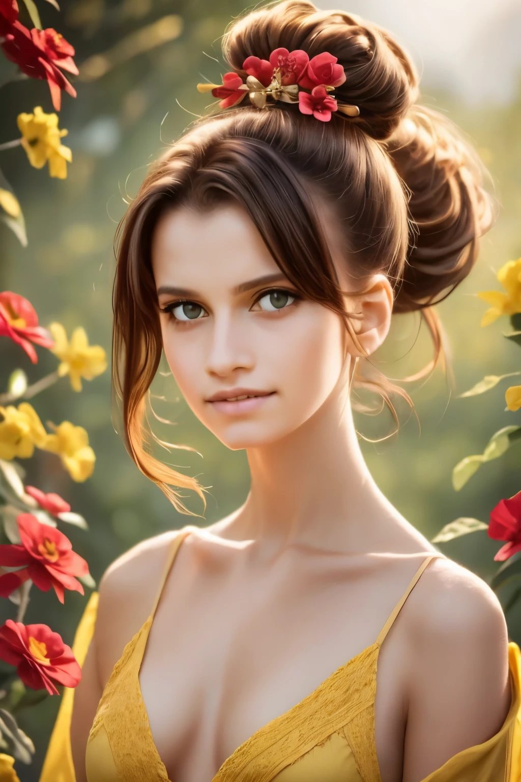 beni, solo, 1girl, yellow_pupils, +_+, black_hair, high_ponytail, red_flower_hair_ornament