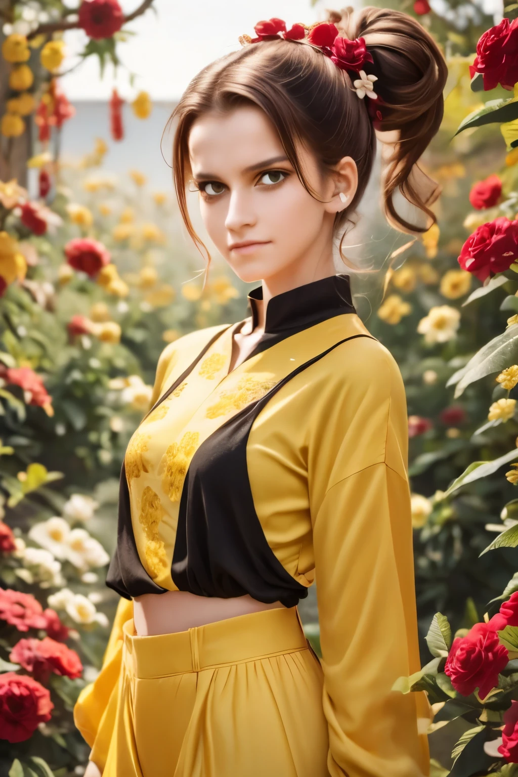 Full-Frame DSLR, f/22, Shutter Speed 1/500 sec, ISO400, White Balance Daylight, Exposure Compensation "+3.0 EV", Aperture Priority Shooting Mode, Framing, focus Mode Manual, Spot Metering, Elegant, 1girl, solo, European, (Relief,looking back, blue eyes, high detail skin, real skin, skin texture, fair skin, rosy cheeks:1.3), (brown hair, long hair, hair bun:1.1), light passing through hair, (cowboy shot, from side:1.5), Floating Islands Corridor,Alleyway,Lake, Athletic, (big breasts:1.2), nice hands, perfect hands, <lora:ReaLora:0.5> <lora:GoodHands-beta2:1.2> (A tranquil forest clearing, where sunlight filters through the trees and birdsong fills the air, vines:1.5), <lora:Jane_Porter:0.8>, (long yellow dress, yellow bustle, purple cravat, taupe hat, white gloves, white boots:1.2),