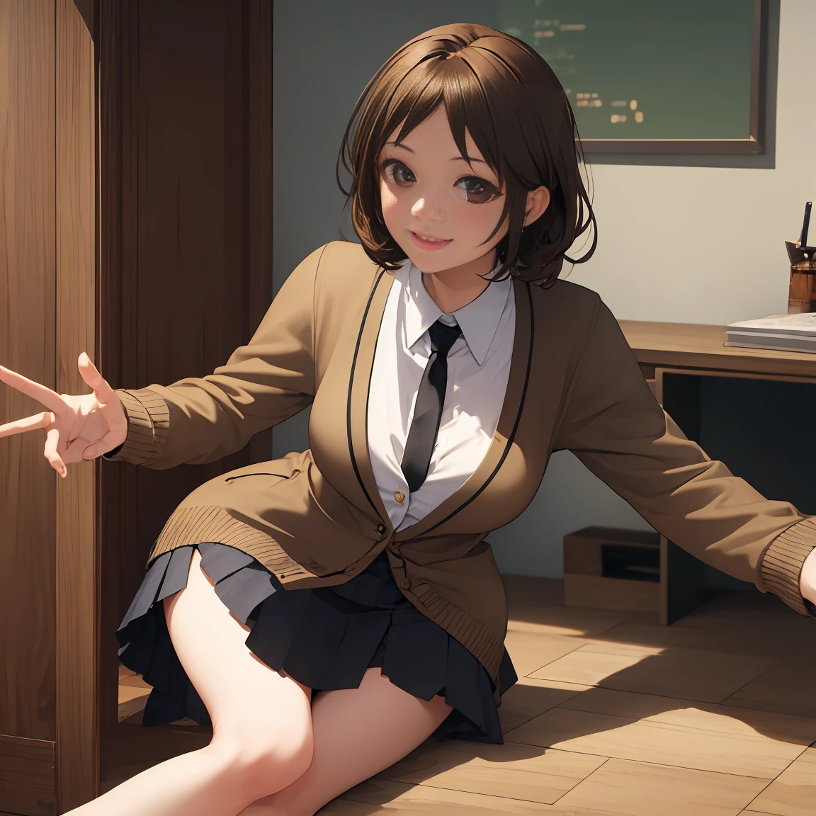 Smile,best Smile,double Peace,cardigan,miniskirt,masterpiece,best quality,ultra detailed,high resolution,extremely detailed CG, (perfect hand),