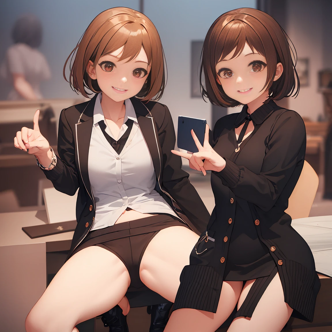 Smile,best Smile,double Peace,cardigan,miniskirt,masterpiece,best quality,ultra detailed,high resolution,extremely detailed CG, (perfect hand),