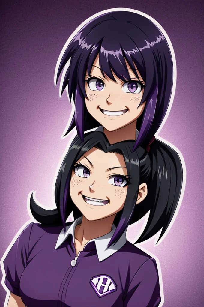 My Hero Academia anime style girl with black hair with purple hair and a happy expression in the UA uniform 