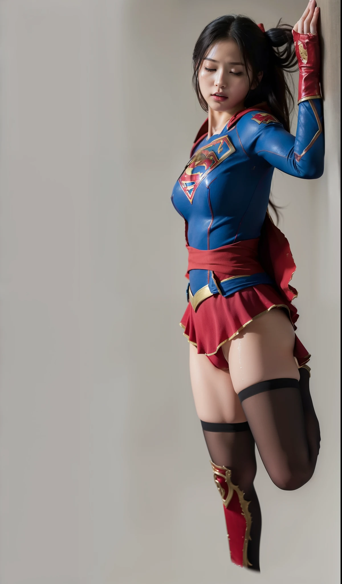 (((Highest quality、8K、masterpiece:1.3))、Supergirl、胸にSupergirlのロゴ、Eyes closed、Sharp focus:1.2、Beautiful woman with perfect figure:1.4、Thin abdominal muscles:1.2、((Layered Cut、Huge boobs:1.2))、Wet body:1.5、非常に詳細な顔と肌の質感Supergirl、Bloodstained、Clothes are shredded、Torn、Highest quality, Familiar, High resolution), 1 Girl, Supergirl、Super Heroine、Bishoujo Warrior、defeat、Lying down&#39;return、falling、knock out、フィットしたSupergirlのコスチューム、Enlarge your breasts、Muscular、alone, From above,sleepy, Sleepワイン, Doll joints、Sleep、it hurts、it hurts look、syncope、cadaver、Beautiful crotch、High detail、8K