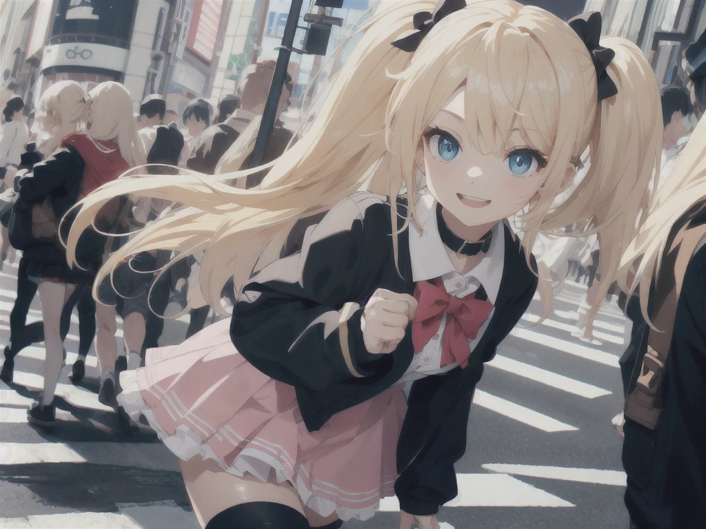 insanely detailed, absurdres, ultra-highres, ultra-detailed, best quality,
1girl, solo, (toddler, small:1.3),
BREAK
jirai kei,thighhighs, skirt, twintails, pink skirt, collar, bow, black thighhighs, black bow, long hair, pink bow, hair bow, spiked collar
BREAK
happy smile, laugh, closed mouth, standing,
from side,
cute pose, cowboy shot,
BREAK
slender, kawaii, perfect symmetrical face, ultra cute girl, ultra cute face, ultra detailed eyes, ultra detailed hair, ultra cute, ultra beautiful,
BREAK
in harajuku, shibuya, tokyo, street, crowd, cityscape,
BREAK
medium breasts,
(blonde medium hair, blue eyes:1.3), hime cut