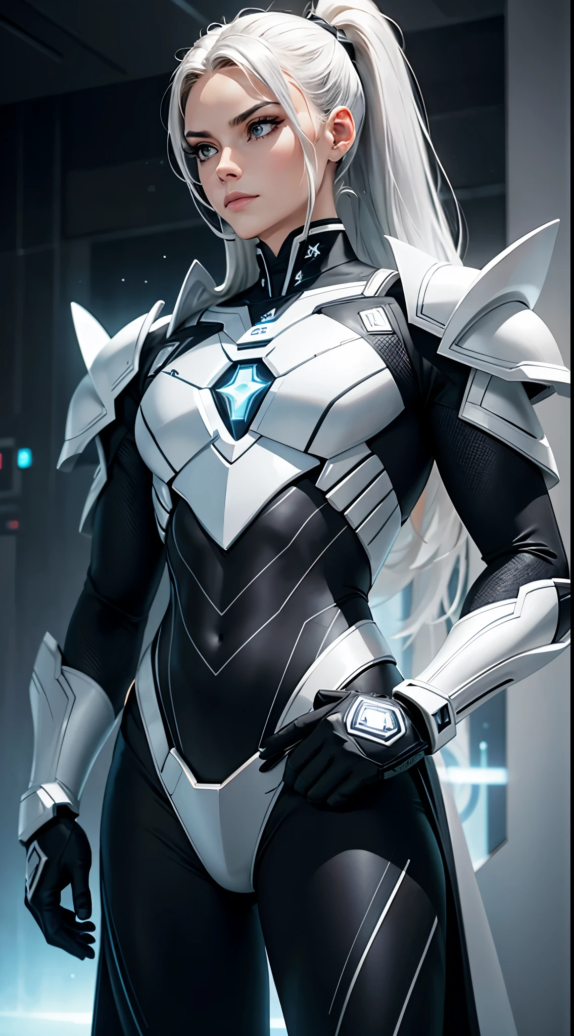 Costume color: stoned black, with a solid and imposing finish.silver details: Subtle bright silver accents on the edges and contours of the suit, adding elegance.White Color Energy: Strategic points emit soft white energy, like luminescent lines in the silver details.Incorporation of small pectorals and discreet shoulder pads, without highlighting the metal too much.Integrated Technology in a Discreet Way: Technological accessories, such as displays and sensors, discreetly integrated into the armor.Cosmic Symbols and Patterns: Discreet cosmic symbols and patterns, representing the Vectrianians' connection to the universe, present on the surface of the armor in an elegant way.