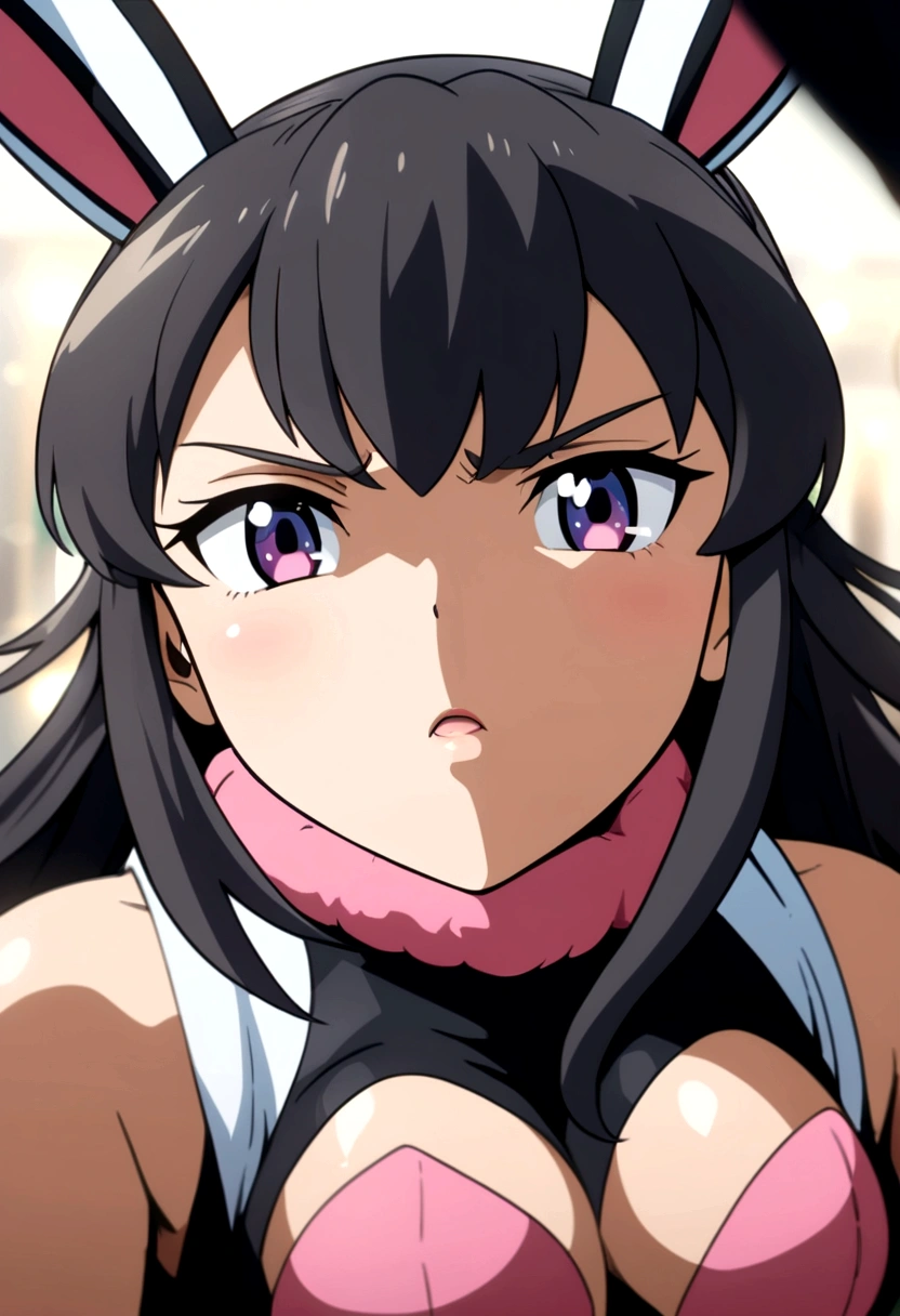 anime style , blur effect, a woman, female face, in a bunny suit