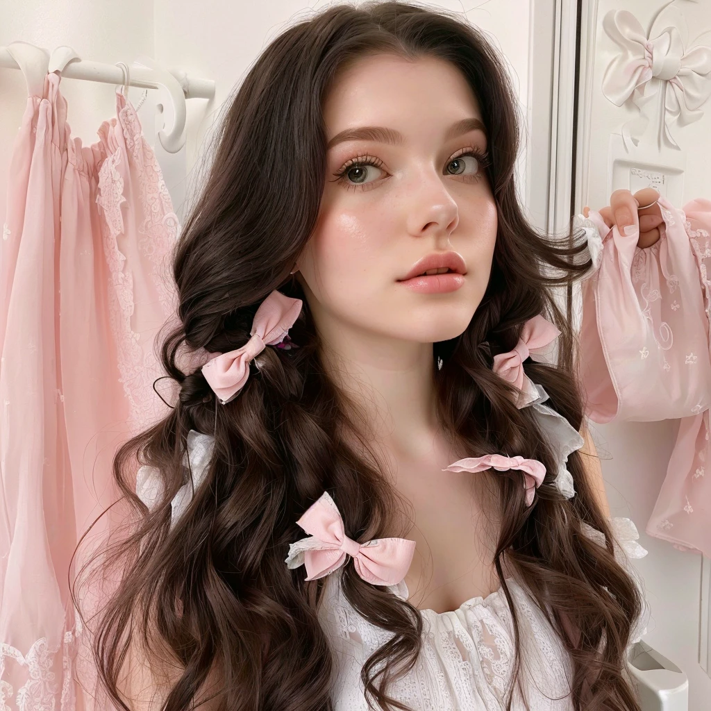 there is a woman with long hair and a white dress, wearing a pink hair bow, ribbon in her hair, pigtails hairstyle, with long curly hair, giant pink curls, beautiful dolphin, Anna Nikonova aka Newmilky, using hair bow, cute aesthetic with flutter, with long curly, curtain bangs, two pigtails hairstyle, Kailee Mandel