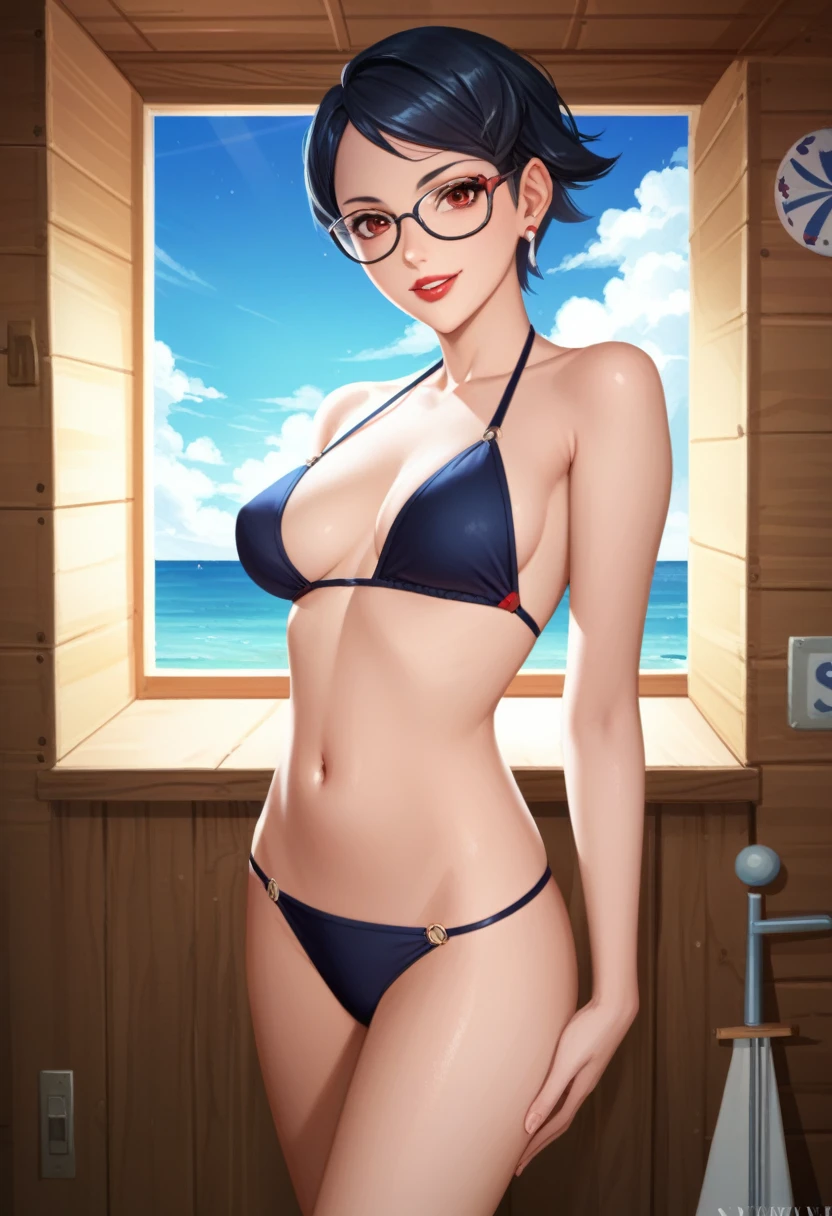 score_9_up, score_8_up, score_7_up, 1girl, solo, mature female, Sarada, looking at viewer, black short hair, red eyes, red lips, parted lips, naughty smile, glasses, black seductive swimsuit, fit slim body, perfect small erected breast,((yacht cabin)), night time, standing tall in seductive pose,