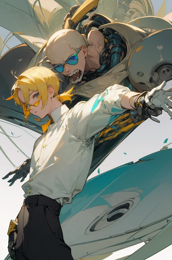 boy, blond, bob hairstyle, turquoise eyes, White shirt, black trousers, round glasses with yellow lenses, black anatomically correct mechanical arms to the shoulder