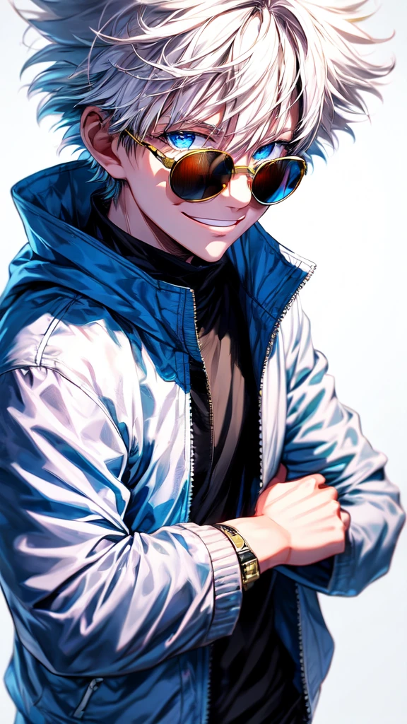 gojou satoru, solo, looking at viewer, smile, short hair, bangs, blue eyes, simple background, long sleeves, 1boy, white background, hair between eyes, closed mouth, jacket, upper body, white hair, male focus, pants, hand up, black jacket, eyelashes, sunglasses, high collar, colored eyelashes, round eyewear