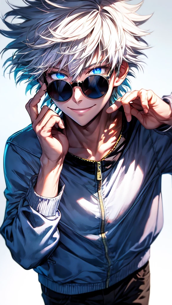 gojou satoru, solo, looking at viewer, smile, short hair, bangs, blue eyes, simple background, long sleeves, 1boy, white background, hair between eyes, closed mouth, jacket, upper body, white hair, male focus, pants, hand up, black jacket, eyelashes, sunglasses, high collar, colored eyelashes, round eyewear