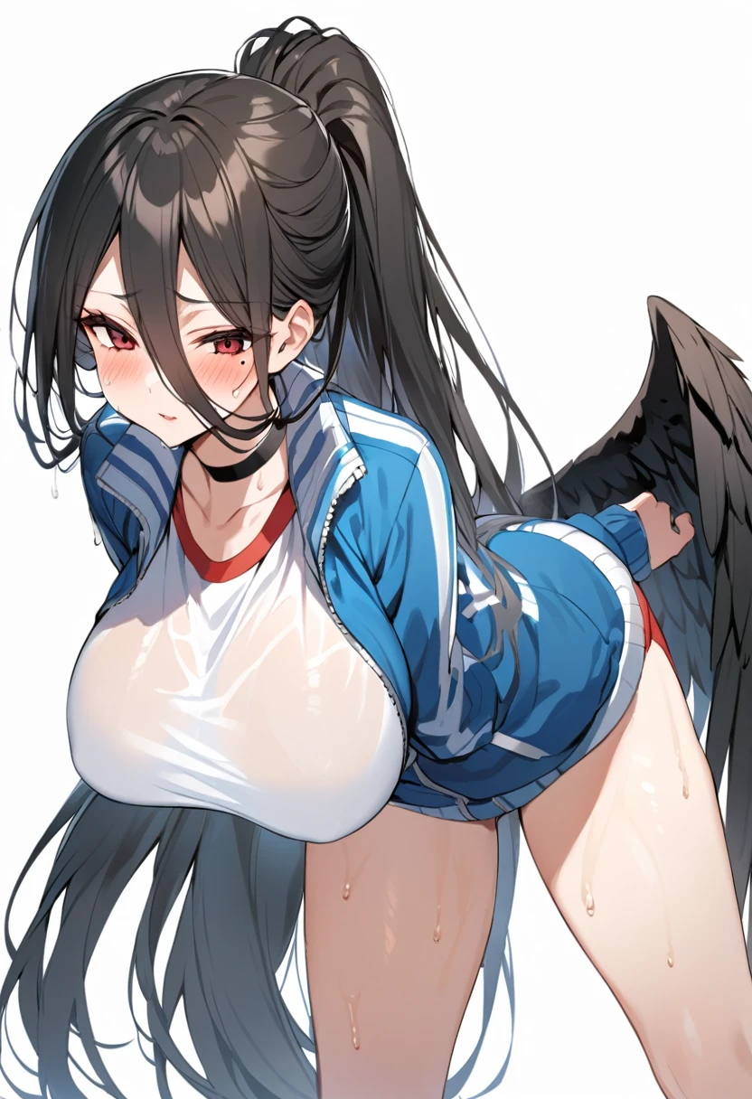hasumi ba, very Long Hair, white shirt, Long Hair, Partially defrosted, Simple Background, choker, blue Jacket, alone, Jacket, Black Hair, White Background, Leaning forward, wing, Huge breasts, black good, good, blush, One girl, Gym suit, See-through, Sweat, black choker, Mole under eye, Hair between the eyes, Red eyes, low wing, shirt, ponytail, Hello, black wing, Mole