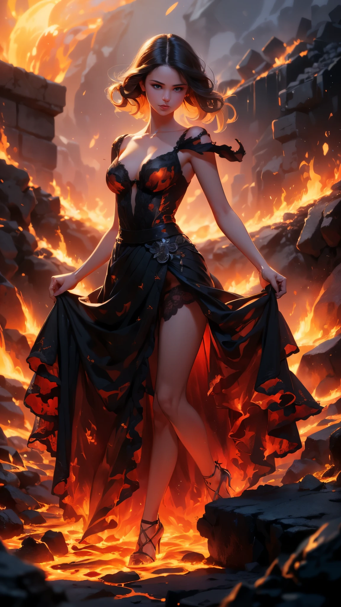 (La Best Quality,A high resolution,Ultra - detailed,current),Selena Gomez in a dress made of lava magma, (cabello elemento fuego:1.4 ) , (fire magma dress :1.4), ,(Ruined dungeon ruins background:1.4 ), More detailed 8K.unreal engine:1.4,uhd,La Best Quality:1.4, photorealistic:1.4, skin texture:1.4, Masterpiece:1.8,first work, Best Quality,object object], (detailed face features:1.3),(The correct proportions),(Beautiful blue eyes),  (dynamic cowboy pose), (Selena Gomez :1.4), (perfect anatomy :1.4),( cinematic lighting :1.4), (face detailed Selena Gomez :1.4), (magma alas grandes :1.4),( magma lingerie lace style :1.4), (skirt lifted by itself: 1.1), (skirt lift: 1.3), (showing white panties: 1.3), (fire element:1.4),(It consists of a fire element, (rodeado de magma lava:1.4), (vestido de magma V2.1), (piedras grandes magma negro :1.4), (including wisps of flames:1.4) , glowing hot embers, (subtle curls of smoke:1.4) , and a beautiful fire druid. (The druid stands in the midst of a raging inferno with an interesting composition:1.4) .(lava :1.4), (essence of fire:1.4) , painting of a firery demon elemetal