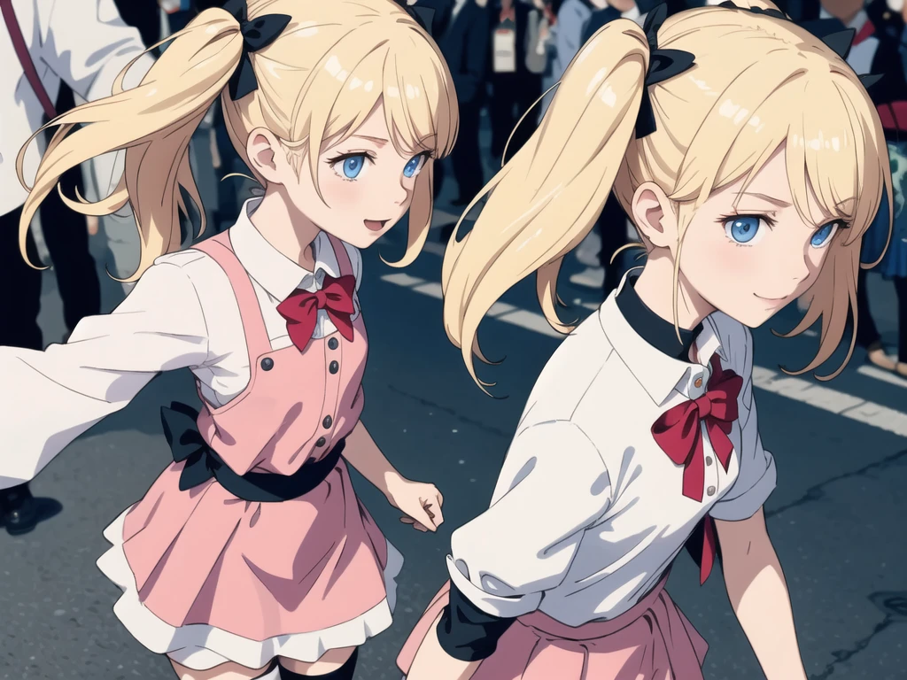 insanely detailed, absurdres, ultra-highres, ultra-detailed, best quality,
1girl, solo, (toddler, small:1.3),
BREAK
jirai kei,thighhighs, skirt, twintails, pink skirt, collar, bow, black thighhighs, black bow, long hair, pink bow, hair bow, spiked collar
BREAK
happy smile, laugh, closed mouth, standing,
from side,
cute pose, cowboy shot,
BREAK
slender, kawaii, perfect symmetrical face, ultra cute girl, ultra cute face, ultra detailed eyes, ultra detailed hair, ultra cute, ultra beautiful,
BREAK
in harajuku, shibuya, tokyo, street, crowd, cityscape,
BREAK
medium breasts,
(blonde medium hair, blue eyes:1.3), hime cut