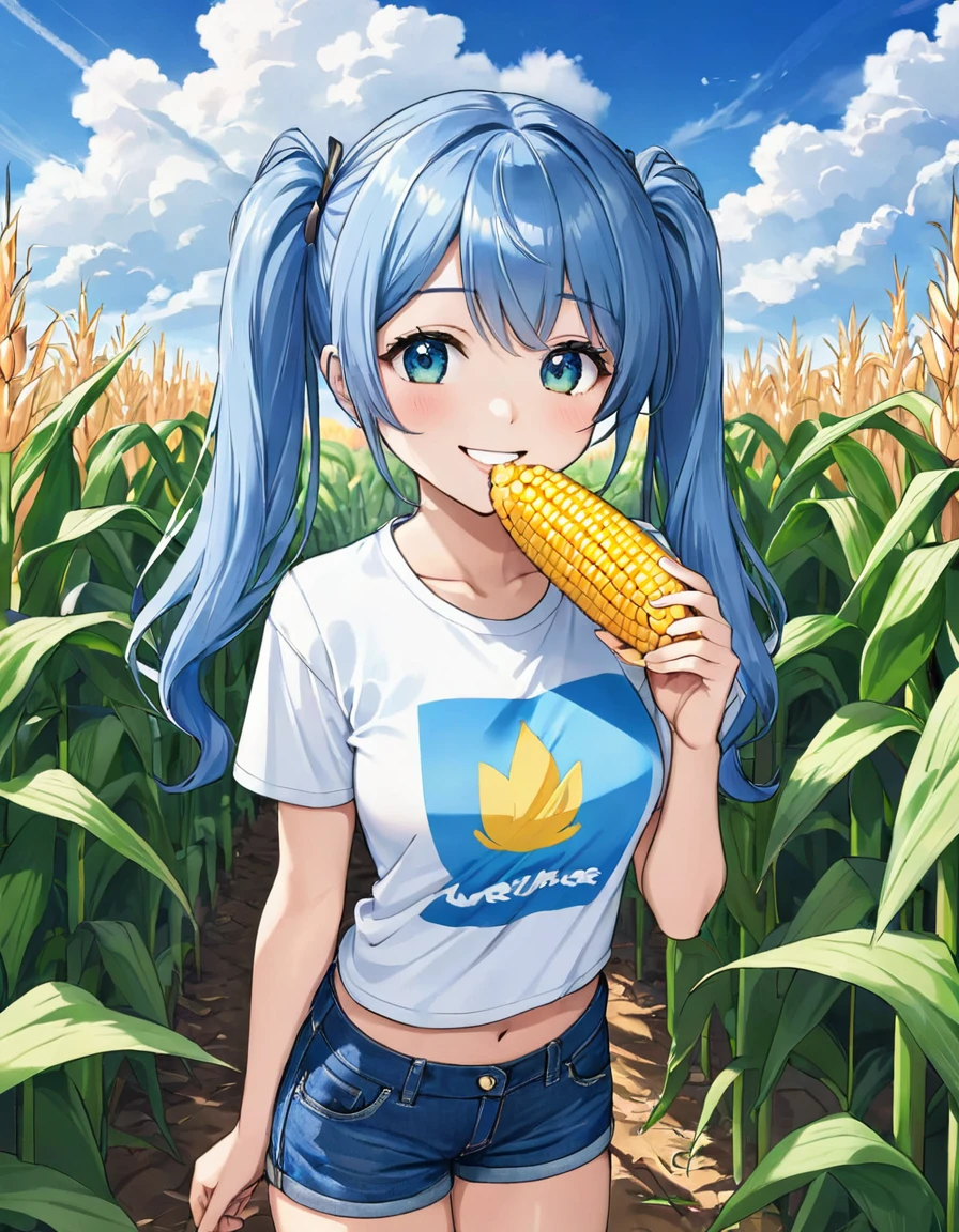A beautiful girl eating corn in a corn field, light blue long hair, twin tails, bright smile, blue sky, white clouds, T-shirt, denim shorts,Surrounded by lots of corn