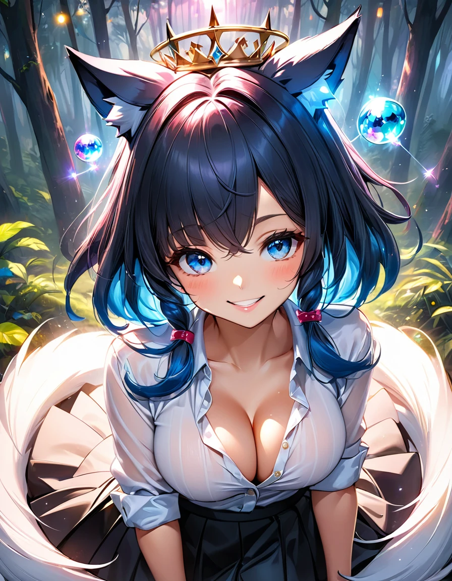 High angle view of an exuberant girl sexy big tits decote atraente Pamela Anderson com ASAS de Angel Black dark neon brilhantes, her espetado com gel red blue hair adorned with shiny bangs and eyes sparkling with diamonds magic, smile revealing the joy of her soul, wearing a flannel shirt and skirt, her head crowned with playful wolf ears, standing amidst an enchantingly mystical forest, envision this scene as anime created in the style of a digital oil painting, lights gently seeping through the cinematic mist and splayed across this eth