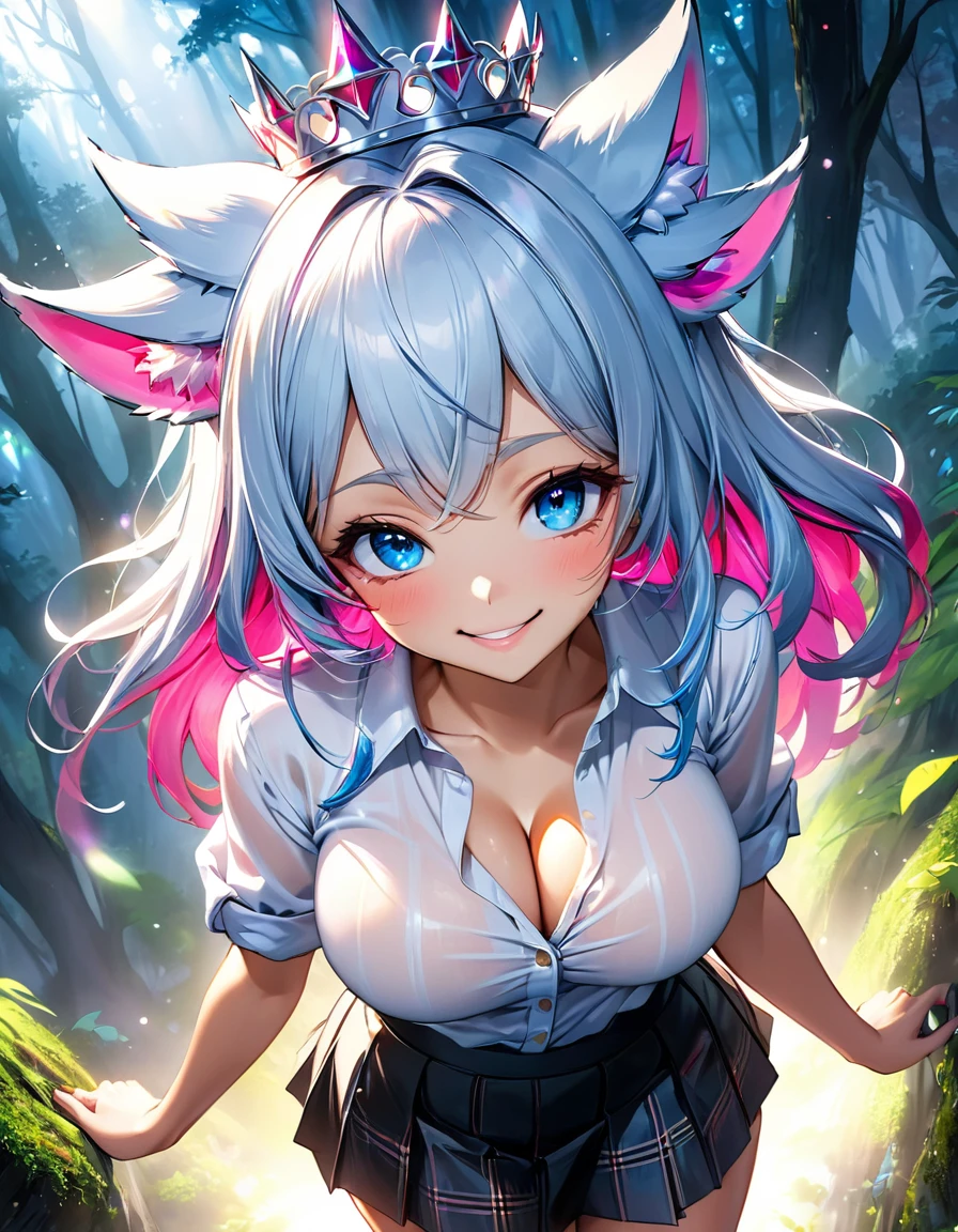 High angle view of an exuberant girl sexy big tits decote atraente Pamela Anderson com ASAS de Angel Black dark neon brilhantes, her espetado com gel red blue hair adorned with shiny bangs and eyes sparkling with diamonds magic, smile revealing the joy of her soul, wearing a flannel shirt and skirt, her head crowned with playful wolf ears, standing amidst an enchantingly mystical forest, envision this scene as anime created in the style of a digital oil painting, lights gently seeping through the cinematic mist and splayed across this eth