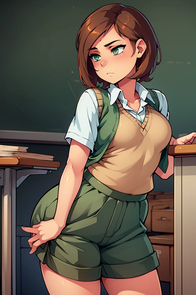 ((Table t○p, highest quality, Hi-Res Lucifer,Anime Screen Capture、Pixel Perfect, 8k、Browsing Caution、Sex)))、Perfect Anatomy、Miyu Kato、(((Maintenance Staff、Chubby、Swollen nipples、Big Breasts、Wide Hips、Wide Hips、Thick thighs、Hands on Hips)))、(Black baseball cap)、(((short hair、Long sideburns、Single Braid Ponytail、Brown Hair)))、(((Shirt lift、White T-shirt、Green Cargo Pants)))、Brown gloves、Sweat,(Green Eyes)、 ((surprised、:o、blush))、(locker room)