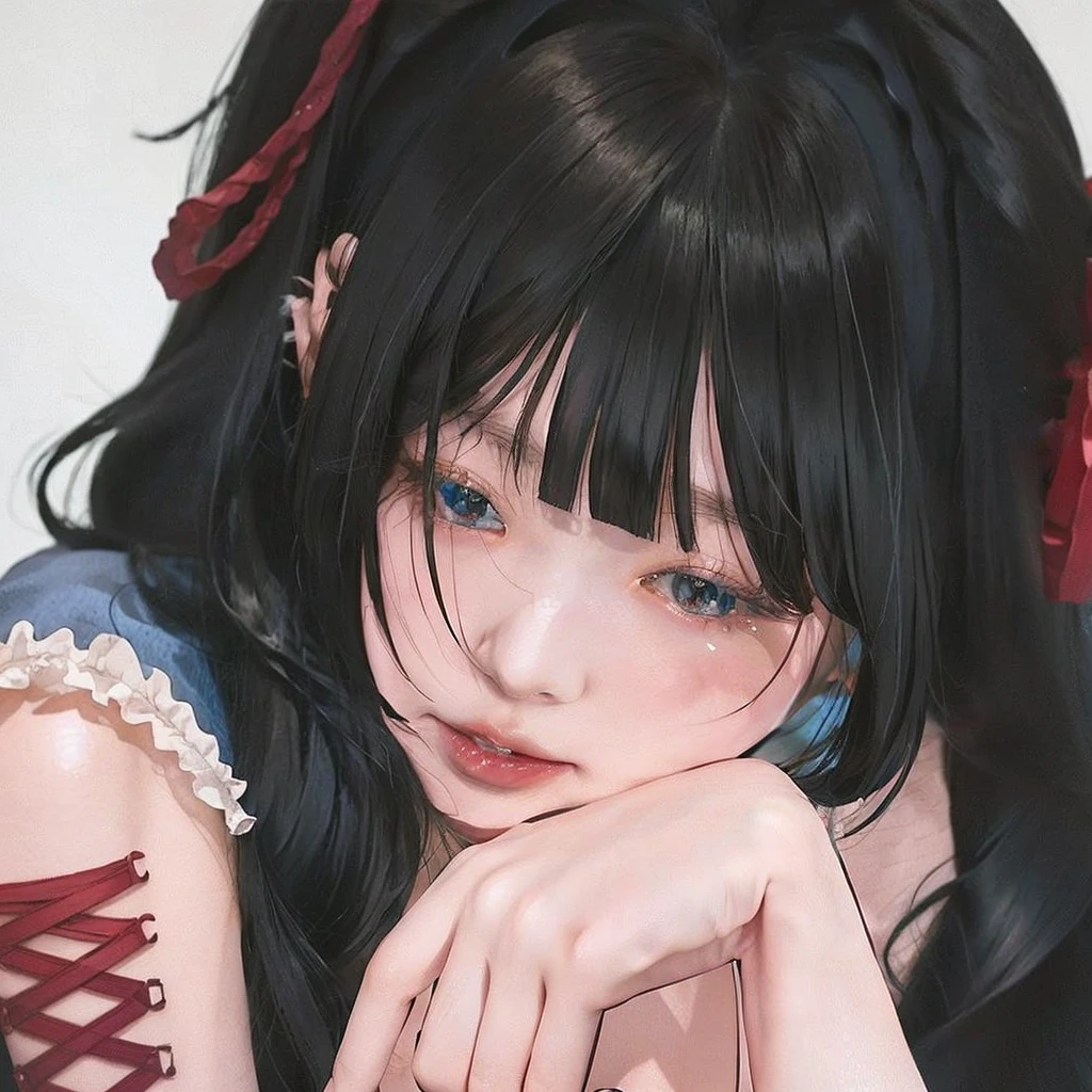 anime girl with long black and red hair wearing a blue dress, detailed portrait of anime girl, cute anime portrait, portrait of an anime girl, anime digital illustration, non-style artwork by guweiz, anime style portrait, kawaii realistic portrait, anime portrait , realistic anime art style, detailed anime digital art, anime portrait, Jennie Kim, Jennie Kim from blackpink 