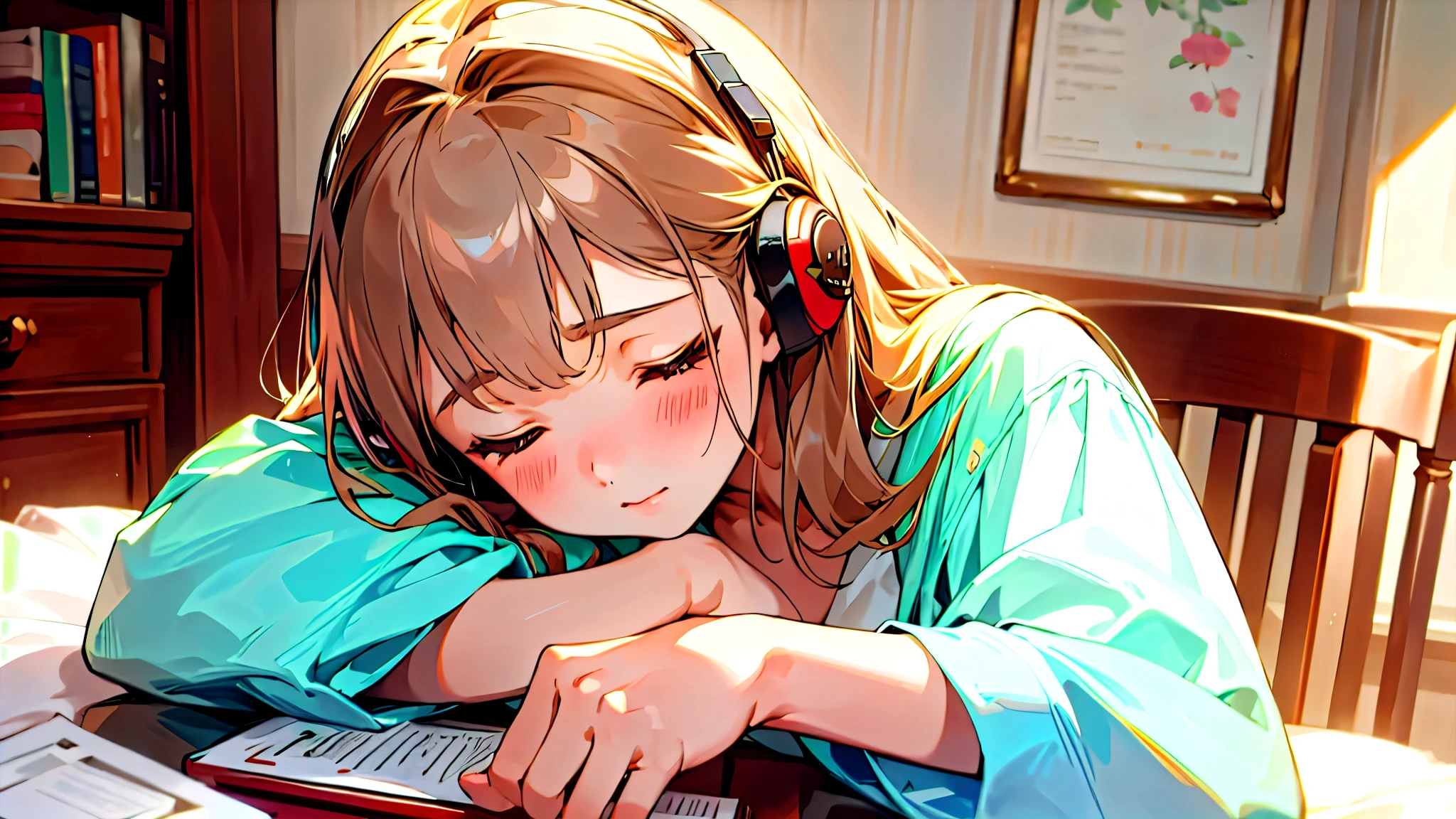 (Highest quality, masterpiece, Ultra-realistic), Beautiful and delicate15Year-old girl portrait, With a calm and gentle expression, The background is the bedroom at home.、I am studying hard at my desk.、Holding a pen、Cute clothes、Bust is C cup、Wearing headphones and occasionally listening to music、Dance occasionally、When listening to music, I put my hands over my ears and close my eyes.