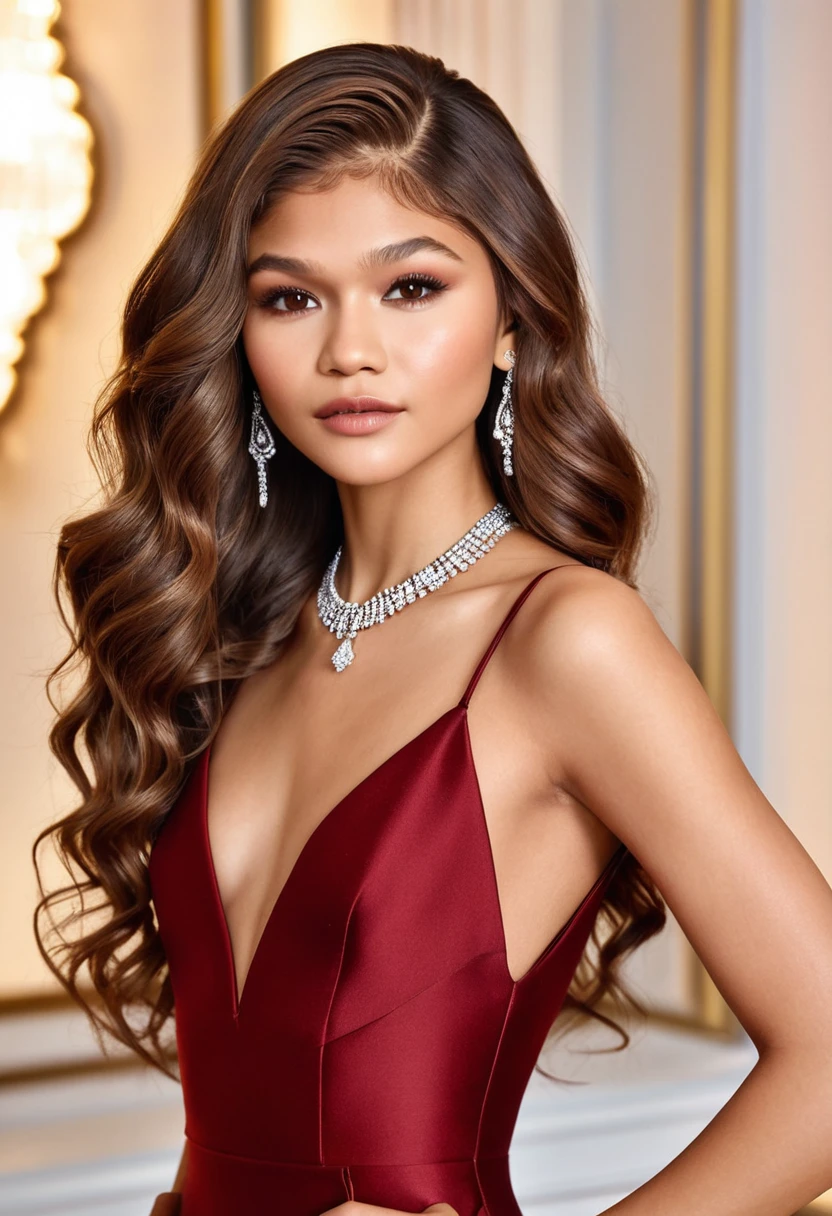 (Masterpiece artwork, 8K, uhd, high resolution: 1.4), stunning portrait of Zendaya, (long and wavy hair, brown color: 1.3), (deep brown eyes: 1.2), (elegant and tight red dress: 1.3), (confident and sensual pose: 1.3), (delicate and shiny jewelry: 1.2), (radiant and smooth skin: 1.2), (background with soft and sophisticated lighting: 1.1), (glamorous and sophisticated atmosphere: 1.3), details Intricate, (fashion and elegance elements: 1.2), (captivating and attractive perspective: 1.3)