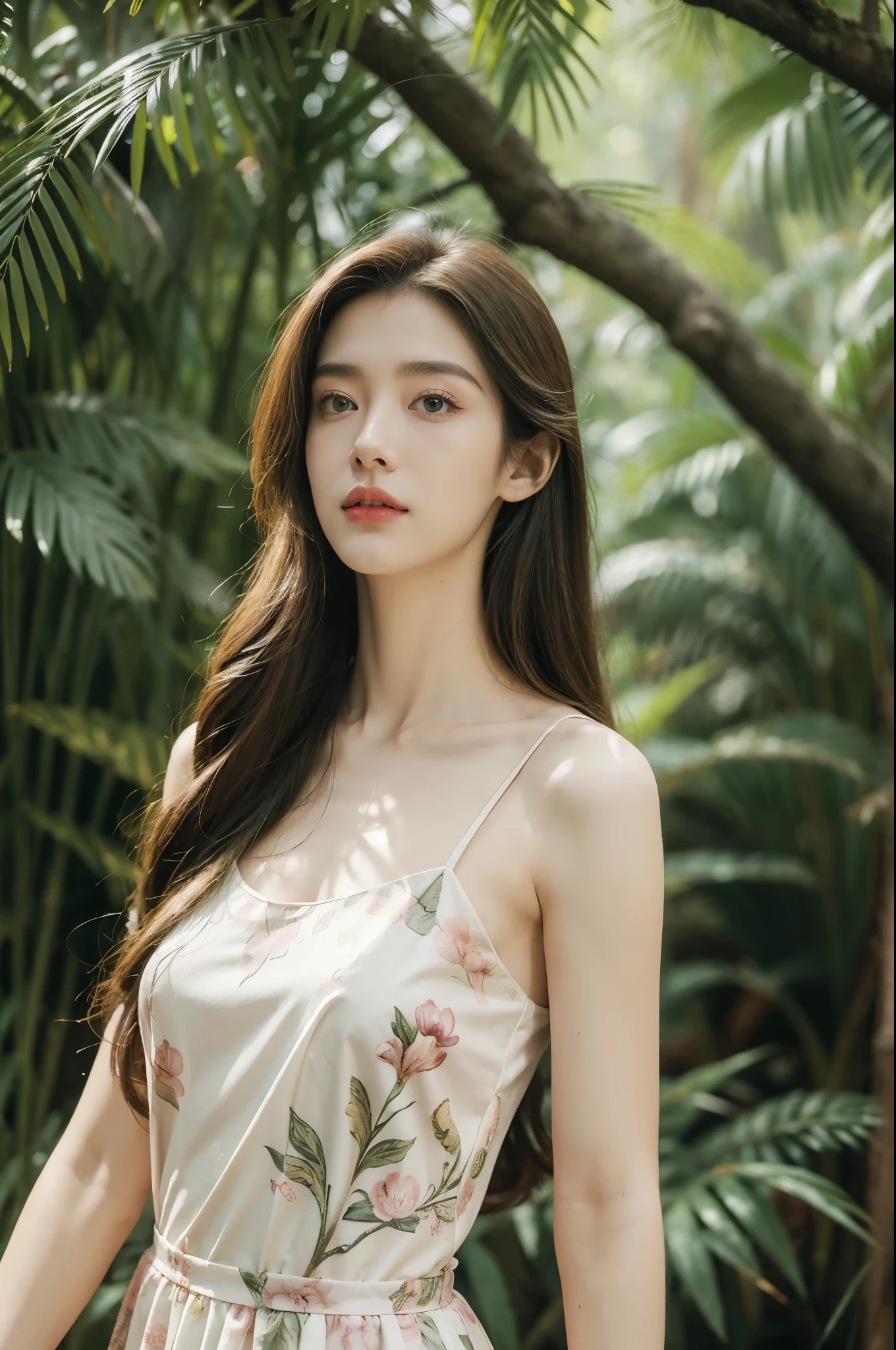 (((best quality))),(((ultra detailed))),(((masterpiece))),illustration,1girl,solo,enchanting beauty, elegance, confidence,shoulder length straight hair,slim,thin,flat chest,small breasts,standing,vibrant red lipstick, sleek forest green dress, above knees, s intricate floral patterns, stylish boots, calf-high, adventure, lush prehistoric forest, Jurassic Park, (vibrant pink dinosaur:1.2), pastel scales, tall proud, long neck, massive rounded body, majestic presence, powerful legs, gentle intelligent eyes, unforgettable bond, towering ferns, lush undergrowth, captivating backdrop, vines, towering trees, delicate flowers, sweet scent, gentle rustling, soft melodic breeze, mystical, adventure, wonder, extraordinary encounter, timeless journey, etched in time, extraordinary encounters, unknown,((from front,upper body))