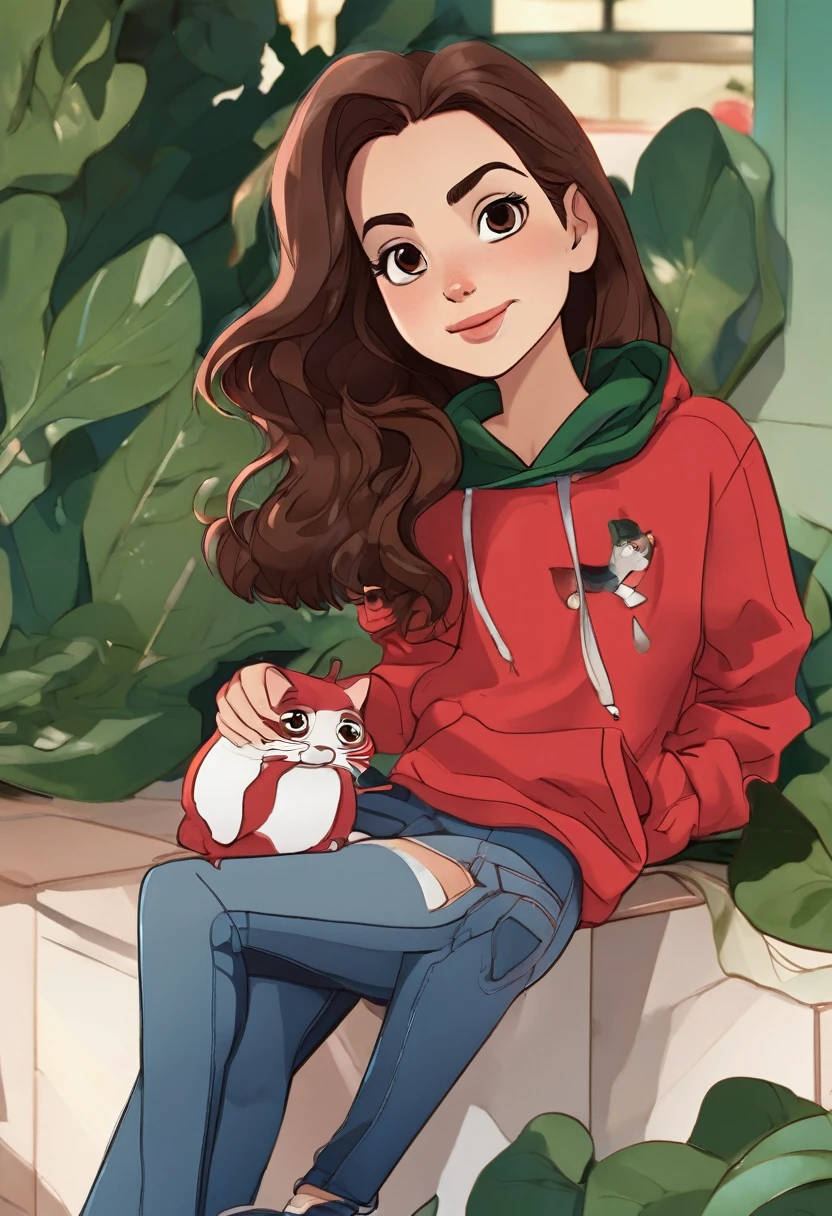 animated cartoon, very detailled, brownhair, brown dark eyes, dark green sweatshirt, jeans and red sneakers, skin black, on an
