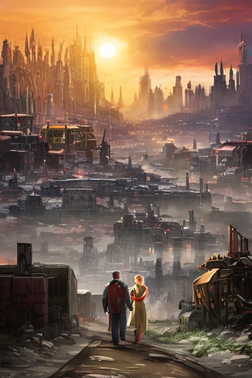 A couples holding hands in the distance, apocalyptic city landscape 