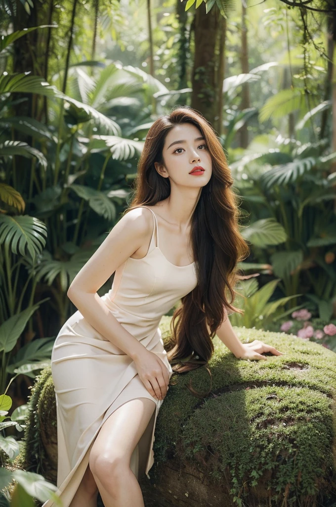 (((best quality))),(((ultra detailed))),(((masterpiece))),illustration,1girl,solo,enchanting beauty, elegance, confidence,shoulder length straight hair,slim,thin,flat chest,small breasts,standing,vibrant red lipstick, sleek forest green dress, above knees, s intricate floral patterns, stylish boots, calf-high, adventure, lush prehistoric forest, Jurassic Park, (vibrant pink dinosaur:1.2), pastel scales, tall proud, long neck, massive rounded body, majestic presence, powerful legs, gentle intelligent eyes, unforgettable bond, towering ferns, lush undergrowth, captivating backdrop, vines, towering trees, delicate flowers, sweet scent, gentle rustling, soft melodic breeze, mystical, adventure, wonder, extraordinary encounter, timeless journey, etched in time, extraordinary encounters, unknown,((from front,upper body))