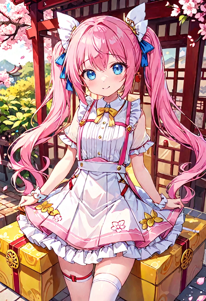 16K，2D Girl，Long hair with flowing light（1:1.5），Sakura Pink White Eye Leaf Hair Accessory（1:1.25），A white and pale yellow color-blocked skirt Chinese dress，（There is a pudding-like decoration on the top left of the box.），White suspenders（（There is a gold moire pattern on the right thigh.）），very cute。(pink hair, twin tails twin drill, show your forehead, blue eyes, White frilled white headband, slanted eyes, smile, long sideburns, curled bangs, neck ribbon, Forehead, amount),
