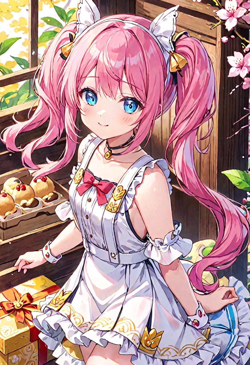 16K,2D Girl,Long hair with flowing light(1:1.5),Sakura Pink White Eye Leaf Hair Accessory(1:1.25),A white and pale yellow color-blocked skirt Chinese dress,(There is a pudding-like decoration on the top left of the box.),White suspenders((There is a gold moire pattern on the right thigh.)),very cute。(pink hair, twin tails twin drill, show your forehead, blue eyes, White frilled white headband, slanted eyes, smile, long sideburns, curled bangs, neck ribbon, Forehead, amount),