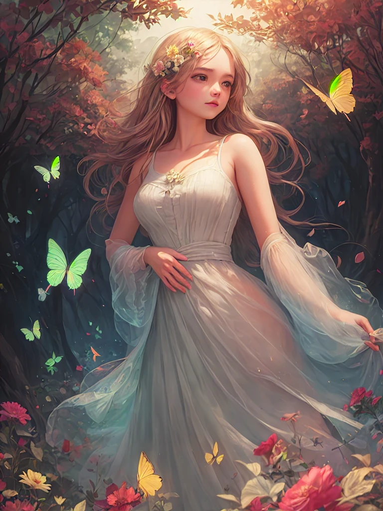 1girl, solo, full body, (masterpiece:1.21), (best quality:1.2), colorful, (illustration:1.2), (cinematic lighting:1.1), (bare shoulders:1.21), (collarbone:1.21)
In this whimsical and fantastical garden, the scene is illuminated by a rainbow of (colorful fireflies), dancing and fluttering in the air. The garden is decorated by a gentle (drizzle), creating a misty and ethereal atmosphere. In the center of the scene, there is a single girl, an extremely delicate and beautiful girl, with cute features and an innocent expression. Her long hair is flowing with the wind. She is wearing no shoulder straps dress, which is ultra low cut, highlighting her delicate curves.

The lighting is very delicate and beautiful, creating a soft and warm glow that highlights the water, making it sparkle like diamonds. The finest grass is also illuminated, creating a lush and verdant carpet. The garden is surrounded by colorful flower fields, with blooms of every color and shape. (Colorful butterflies), of every shade and size, can be seen fluttering around the scene, adding to the overall sense of wonder and magic. (look ai viewer),A blush can be seen on her nose, and her mouth is slightly open, adding to the overall sense of innocence and youthfulness. Falling petals can be seen floating around her, adding to the overall sense of romance and beauty. A gentle wind is blowing through the scene, making the leaves rustle and the flowers sway, adding to the overall sense of movement and life. This is a scene of pure wonder and magic, filled with color and beauty, where the viewer can lose themselves in the enchanting and captivating world.