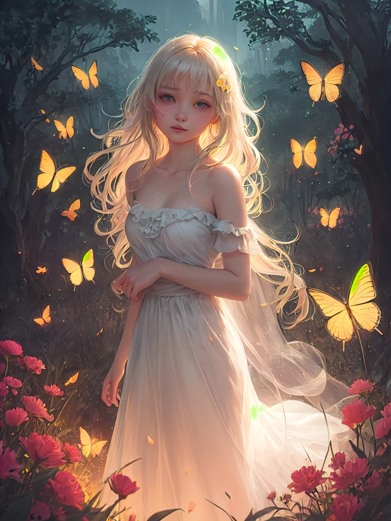 1girl, solo, full body, (masterpiece:1.21), (best quality:1.2), colorful, (illustration:1.2), (cinematic lighting:1.1), (bare shoulders:1.21), (collarbone:1.21)
In this whimsical and fantastical garden, the scene is illuminated by a rainbow of (colorful fireflies), dancing and fluttering in the air. The garden is decorated by a gentle (drizzle), creating a misty and ethereal atmosphere. In the center of the scene, there is a single girl, an extremely delicate and beautiful girl, with cute features and an innocent expression. Her long hair is flowing with the wind. She is wearing no shoulder straps dress, which is ultra low cut, highlighting her delicate curves.

The lighting is very delicate and beautiful, creating a soft and warm glow that highlights the water, making it sparkle like diamonds. The finest grass is also illuminated, creating a lush and verdant carpet. The garden is surrounded by colorful flower fields, with blooms of every color and shape. (Colorful butterflies), of every shade and size, can be seen fluttering around the scene, adding to the overall sense of wonder and magic. (look ai viewer),A blush can be seen on her nose, and her mouth is slightly open, adding to the overall sense of innocence and youthfulness. Falling petals can be seen floating around her, adding to the overall sense of romance and beauty. A gentle wind is blowing through the scene, making the leaves rustle and the flowers sway, adding to the overall sense of movement and life. This is a scene of pure wonder and magic, filled with color and beauty, where the viewer can lose themselves in the enchanting and captivating world.