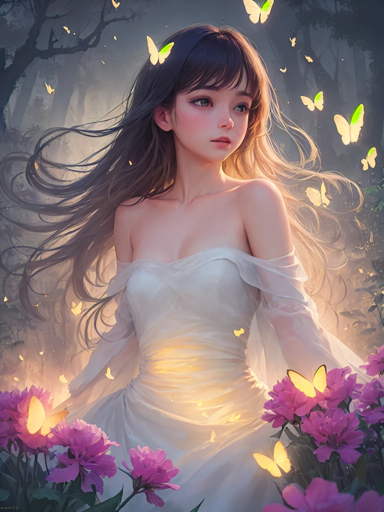 1girl, solo, full body, (masterpiece:1.21), (best quality:1.2), colorful, (illustration:1.2), (cinematic lighting:1.1), (bare shoulders:1.21), (collarbone:1.21)
In this whimsical and fantastical garden, the scene is illuminated by a rainbow of (colorful fireflies), dancing and fluttering in the air. The garden is decorated by a gentle (drizzle), creating a misty and ethereal atmosphere. In the center of the scene, there is a single girl, an extremely delicate and beautiful girl, with cute features and an innocent expression. Her long hair is flowing with the wind. She is wearing no shoulder straps dress, which is ultra low cut, highlighting her delicate curves.
The lighting is very delicate and beautiful, creating a soft and warm glow that highlights the water, making it sparkle like diamonds. The finest grass is also illuminated, creating a lush and verdant carpet. The garden is surrounded by colorful flower fields, with blooms of every color and shape. (Colorful butterflies), of every shade and size, can be seen fluttering around the scene, adding to the overall sense of wonder and magic. (look ai viewer),A blush can be seen on her nose, and her mouth is slightly open, adding to the overall sense of innocence and youthfulness. Falling petals can be seen floating around her, adding to the overall sense of romance and beauty. A gentle wind is blowing through the scene, making the leaves rustle and the flowers sway, adding to the overall sense of movement and life. This is a scene of pure wonder and magic, filled with color and beauty, where the viewer can lose themselves in the enchanting and captivating world.